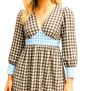 DEFECT-Molby the Label Mini Dress Womens 4 Gingham Brown and Light Blue